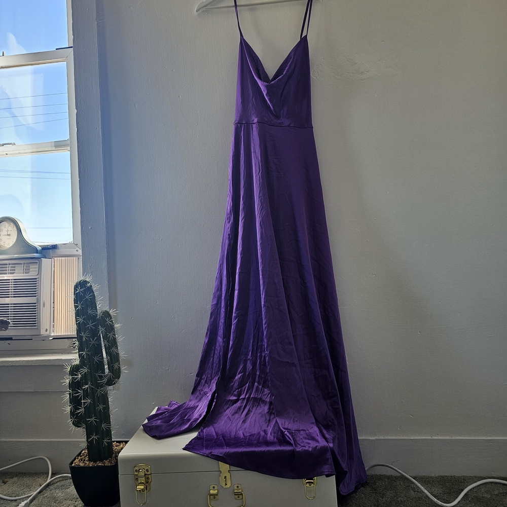Vibrant Silky Purple Evening Dress With Slit And Spaghetti Straps